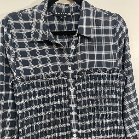 New Veronica Beard Kelsey Smocked Plaid Mini Shirtdress Navy White sz 6 $448 - Picture 6 of 9